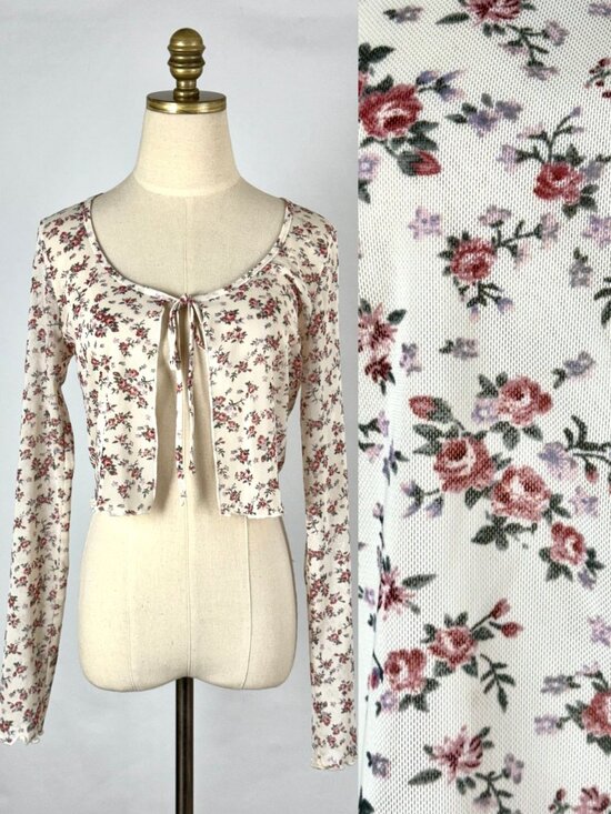 KIRIOUS LOS ANGELES Tops - Y2K Floral Mesh Crop Cardigan Top Tie Front Sheer Lettuce Hem Coquette Dainty